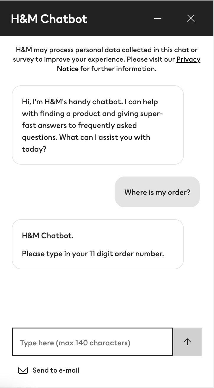 Conversation with H&M's chatbot